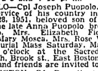 Remains of Army Cpl. Joseph J. Puopolo of East Boston killed during the Korean War to be buried in Malden at Holy Cross Cemetery