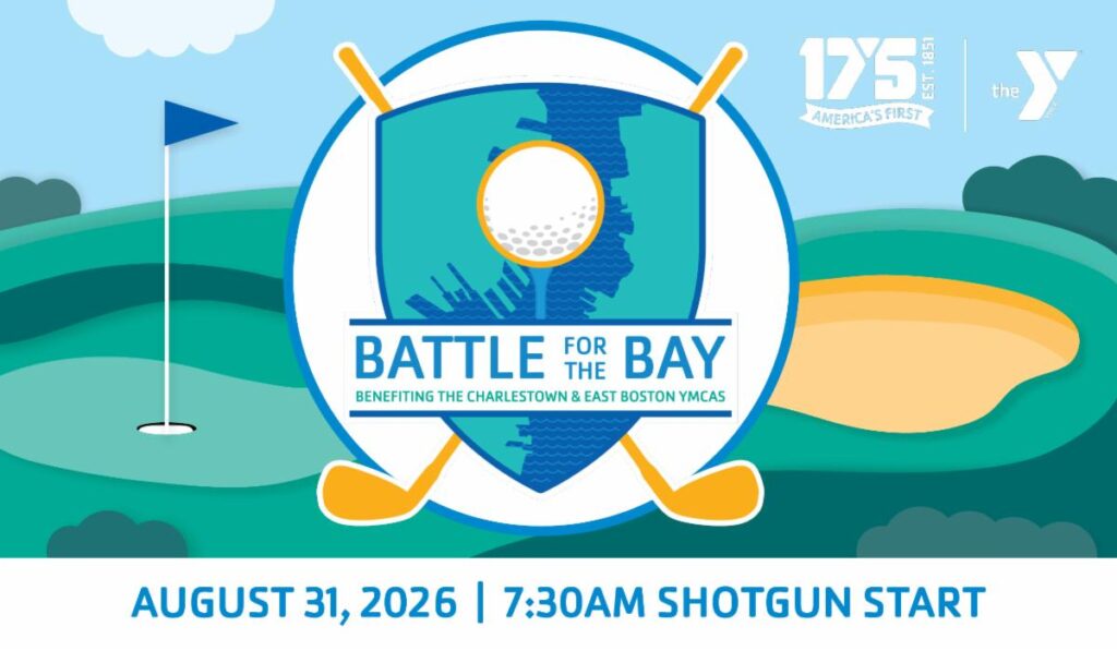 Poster for Battle for the Bay charity golf event benefiting the Charleston & East Boston YMCAs, Aug 31, 2016, 7:30 AM shotgun start.