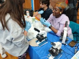 Photo gallery: What we saw at the East Boston High School’s STEAM event Saturday, May 9 Group of people in gloves conducting a hands-on science experiment at a table with microscopes and lab gear.
