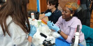 Photo gallery: What we saw at the East Boston High School’s STEAM event Saturday, May 9 Group of people in gloves conducting a hands-on science experiment at a table with microscopes and lab gear.