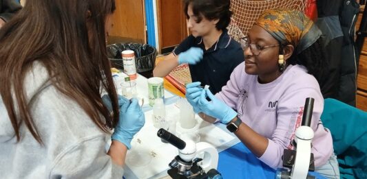 Photo gallery: What we saw at the East Boston High School’s STEAM event Saturday, May 9 Group of people in gloves conducting a hands-on science experiment at a table with microscopes and lab gear.