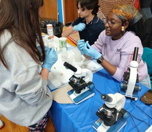 Photo gallery: What we saw at the East Boston High School’s STEAM event Saturday, May 9 Group of people in gloves conducting a hands-on science experiment at a table with microscopes and lab gear.