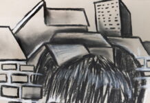 AWG announces August exhibition: ย We Find Ourselves in Shape of Home, Victoria โthirteenvicโ DelValle Monochrome portrait of a person with a city skyline motif overlaid on the face; windows appear on the cheeks and buildings rise behind them.