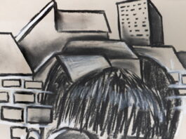 AWG announces August exhibition: ย We Find Ourselves in Shape of Home, Victoria โthirteenvicโ DelValle Monochrome portrait of a person with a city skyline motif overlaid on the face; windows appear on the cheeks and buildings rise behind them.