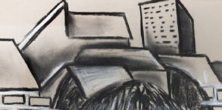 AWG announces August exhibition: ย We Find Ourselves in Shape of Home, Victoria โthirteenvicโ DelValle Monochrome portrait of a person with a city skyline motif overlaid on the face; windows appear on the cheeks and buildings rise behind them.