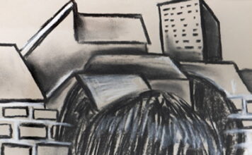 AWG announces August exhibition: ย We Find Ourselves in Shape of Home, Victoria โthirteenvicโ DelValle Monochrome portrait of a person with a city skyline motif overlaid on the face; windows appear on the cheeks and buildings rise behind them.