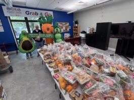 Maverick Landing Community Services launches Grab & Go produce market, expanding affordable fresh food access across East Boston Volunteers in avocado and carrot costumes pose behind tables stacked with grab-and-go produce bags at a community food drive.
