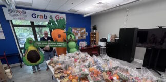 Maverick Landing Community Services launches Grab & Go produce market, expanding affordable fresh food access across East Boston Volunteers in avocado and carrot costumes pose behind tables stacked with grab-and-go produce bags at a community food drive.