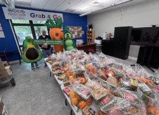 Maverick Landing Community Services launches Grab & Go produce market, expanding affordable fresh food access across East Boston Volunteers in avocado and carrot costumes pose behind tables stacked with grab-and-go produce bags at a community food drive.