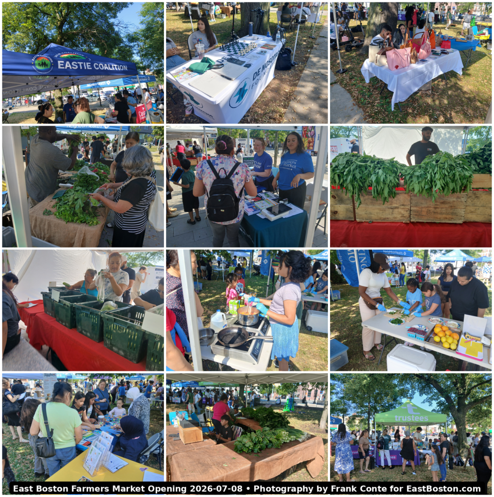 Collage of East Boston Farmers Market opening day: tents, produce, cooking demos, and people browsing under trees on a sunny day.