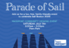 The Tall Ships are coming! Parade of Sail poster with sailing ships on blue waves; Massport logo, July 11, 9:00amโ3:00pm at Piers Park