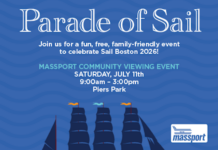 The Tall Ships are coming! Parade of Sail poster with sailing ships on blue waves; Massport logo, July 11, 9:00amโ3:00pm at Piers Park