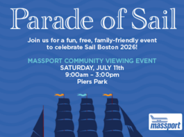 The Tall Ships are coming! Parade of Sail poster with sailing ships on blue waves; Massport logo, July 11, 9:00amโ3:00pm at Piers Park