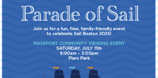 The Tall Ships are coming! Parade of Sail poster with sailing ships on blue waves; Massport logo, July 11, 9:00amโ3:00pm at Piers Park