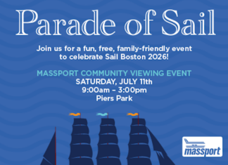 The Tall Ships are coming! Parade of Sail poster with sailing ships on blue waves; Massport logo, July 11, 9:00amโ3:00pm at Piers Park