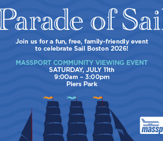 The Tall Ships are coming! Parade of Sail poster with sailing ships on blue waves; Massport logo, July 11, 9:00amโ3:00pm at Piers Park